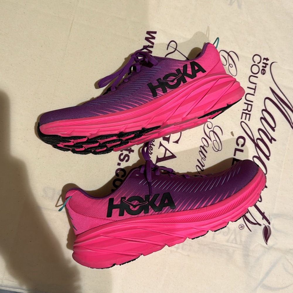Pink and purple Hoka One One Rincon 3; worn twice